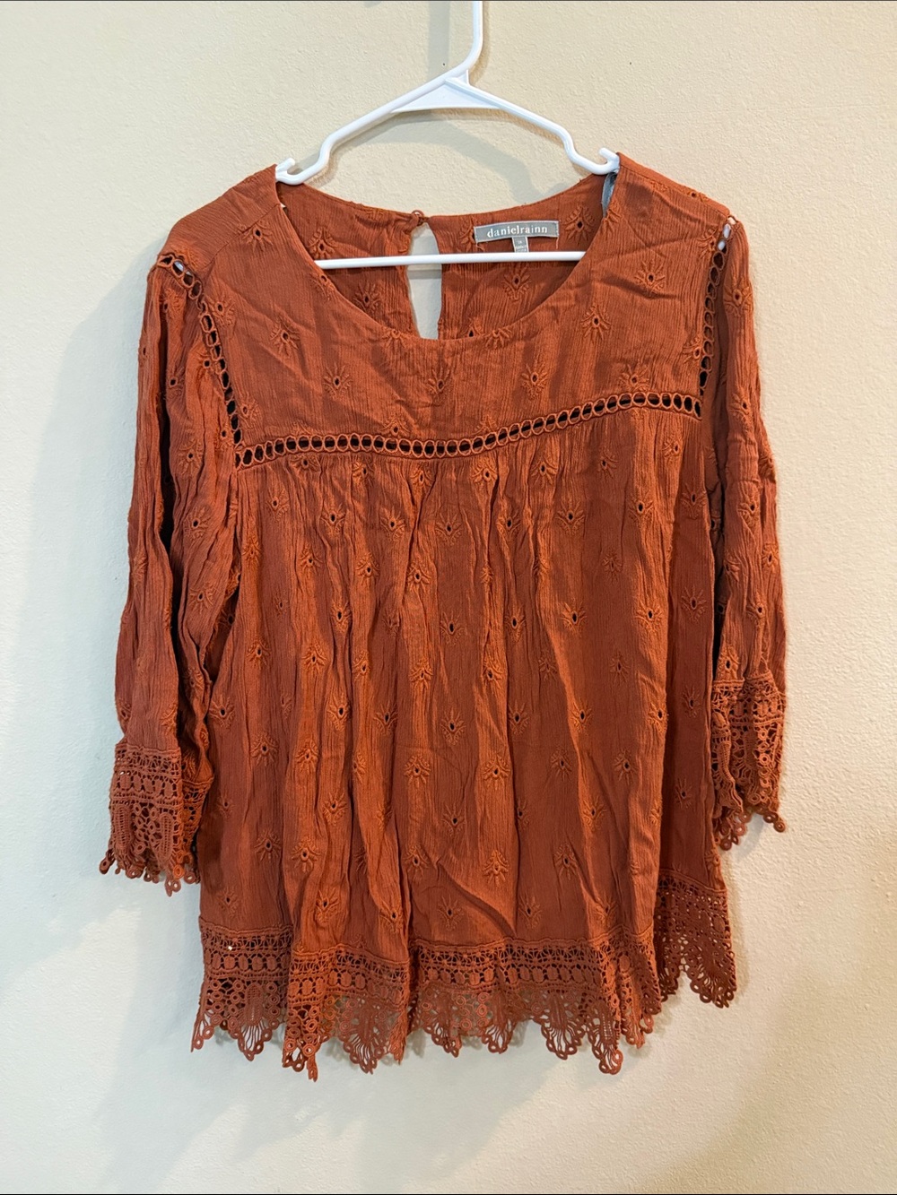 Daniel Rainn Rust Eyelet Crochet-Trim Peasant Tunic